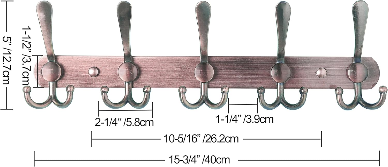 Dseap Wall Mounted Coat Rack - 5 Tri Hooks, Heavy Duty, Stainless Steel, Metal Coat Hook Rail for Coat Hat Towel Purse Robes Mudroom Bathroom Entryway (Antique Copper, 2 Packs)
