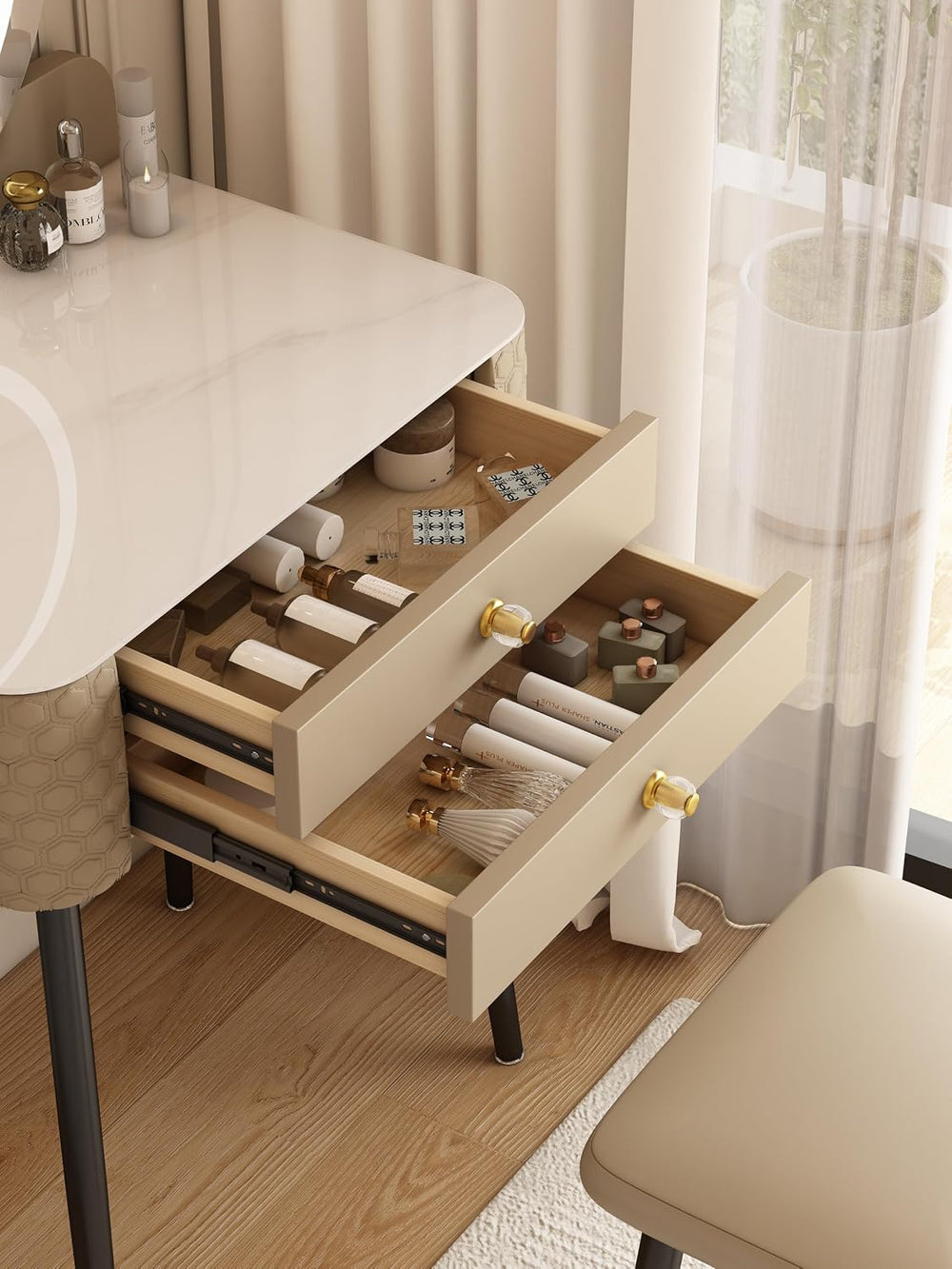 Small Vanity Desk with Mirror and Lights, 2 Drawers.(Beige) | 3 Color Lightin...