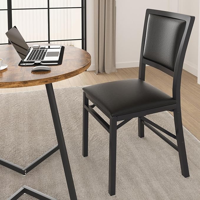 VECELO Folding Chairs Set of 4 with Cushion, Foldable Padded Seats with Heavy Duty Metal Frame for Kitchen/Dining/Living Room, No Assembly & Space Saving Design, Black