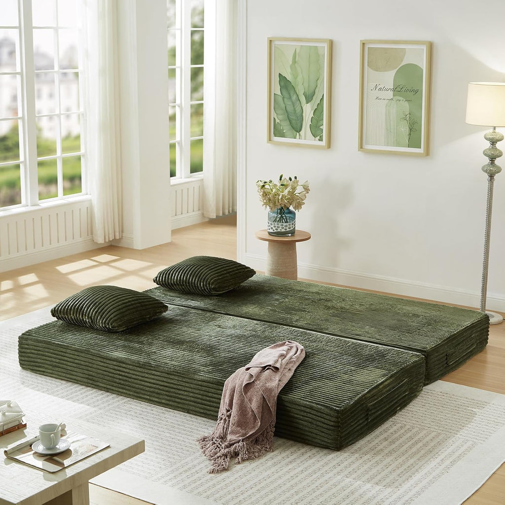 Antetek Modular Couch Bed, Convertible Folding Plush Corduroy Comfy Floor Compression Loveseat Sleeper Sofa Couch, King Size Bed for Guest Room Living Room Bedroom, No Assembly Required, Green