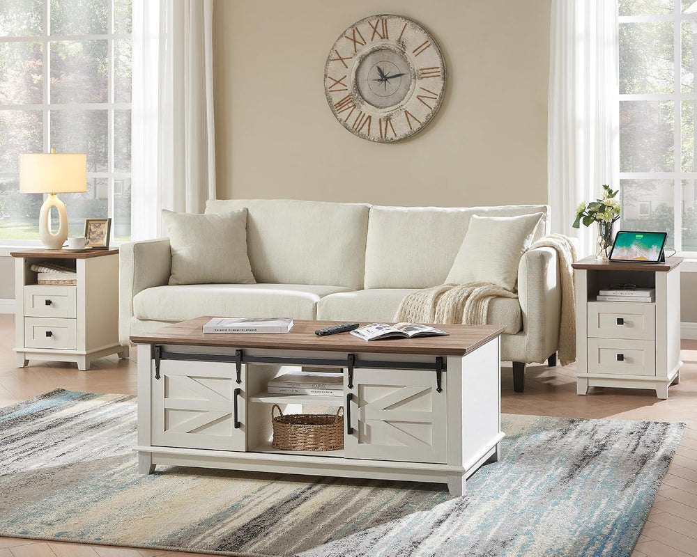 AMERLIFE 3-Piece Farmhouse Living Room Table Set - Coffee Table with Sliding ...