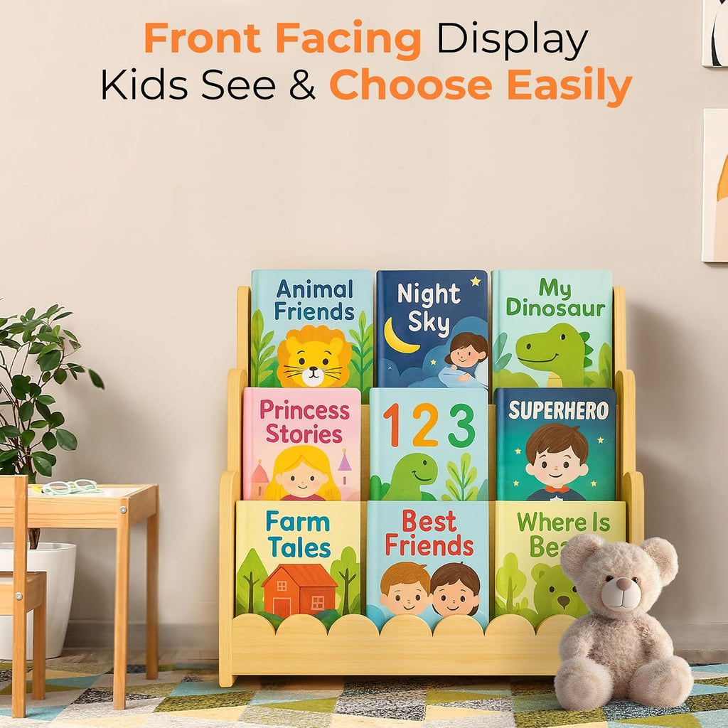 3-Tier Wooden Kids Bookshelf, Montessori Scalloped Bookcase Toddler Front Facing Book Display for Nursery, Baby Bookshelf Organizer for Kids Rooms, Playroom or Classroom