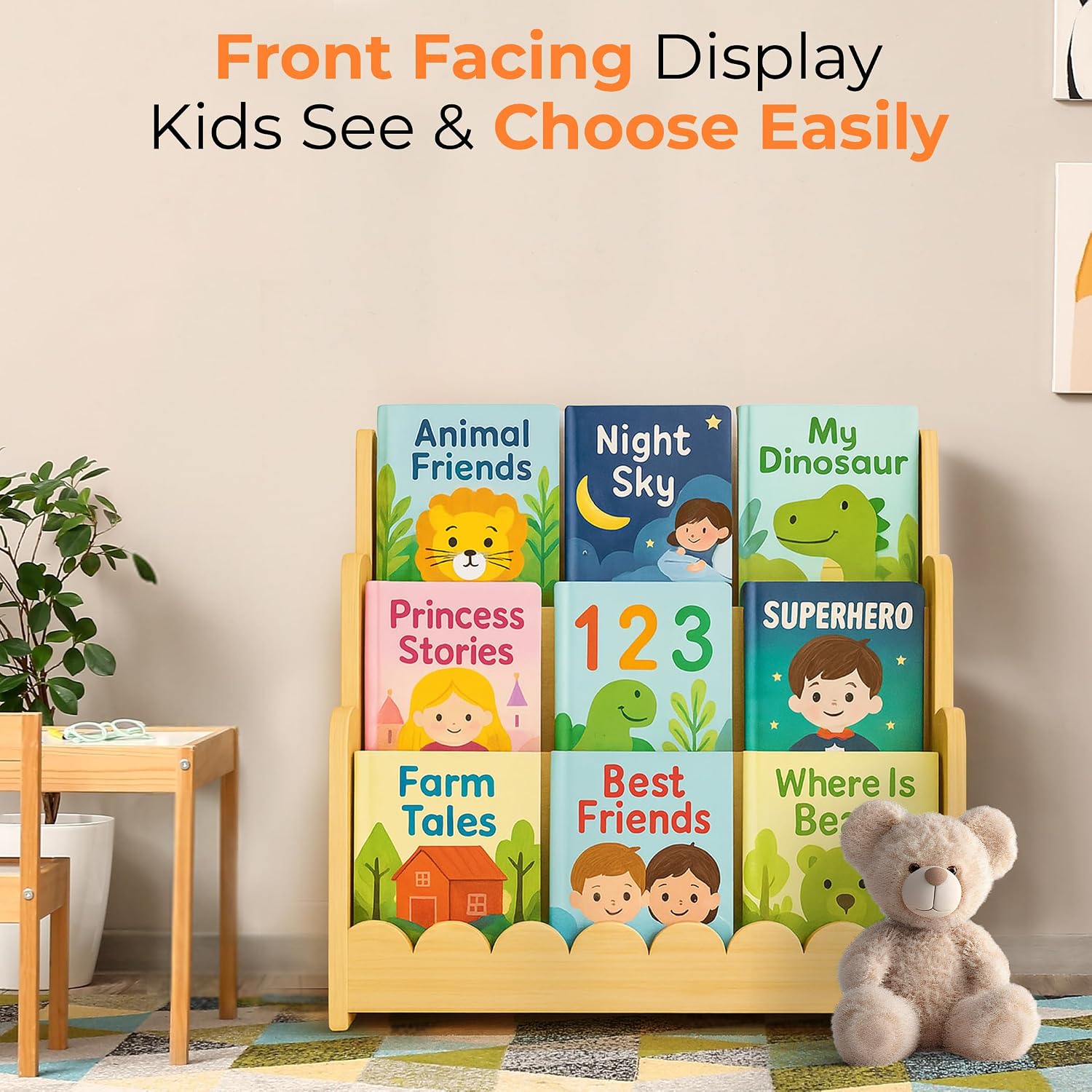 3-Tier Wooden Kids Bookshelf, Montessori Scalloped Bookcase Toddler Front Facing Book Display for Nursery, Baby Bookshelf Organizer for Kids Rooms, Playroom or Classroom