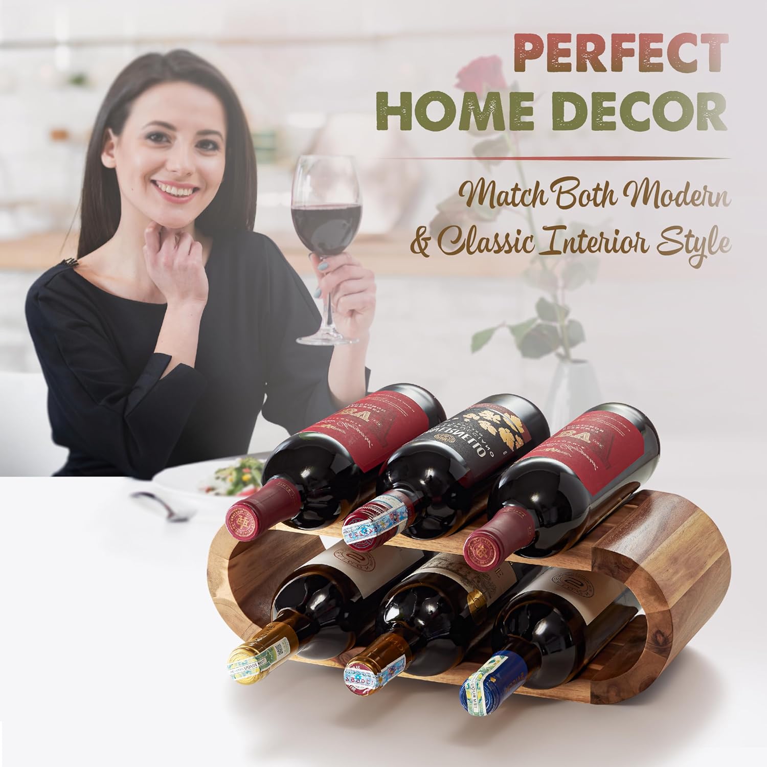 BLUEWEST Wooden Wine Racks Countertop – 6 Bottle Freestanding Wine Holder Stand – Acacia Wood Display Organizer – No Assembly Required – Ideal for Home Décor & Wine Gifts