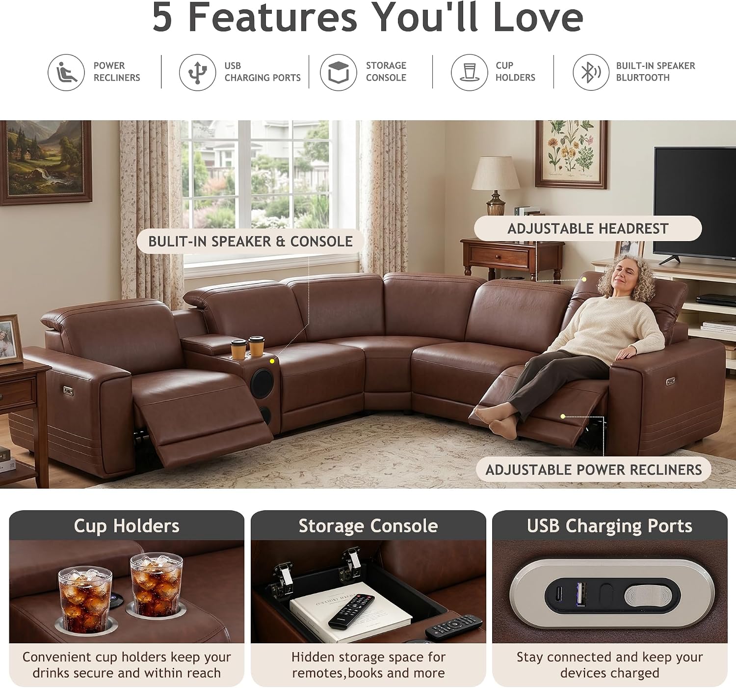 Power Recliner Sectional Sofa, L-Shaped Living Room Furniture Set, Reclining Sectional Couch with Storage Console/Cup Holder for Living Room/House/Apt (Brown, 5 Seater)