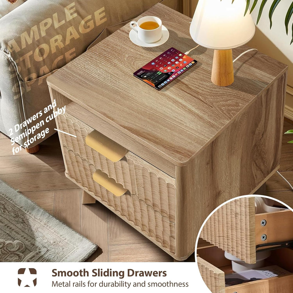 Fluted Nightstand - 24" Modern Bedside Table w/ 2 Drawers, Wood Bed Side End Table with Open Shelf, Night Stand with Storage Drawer, Curved Design Night Stands for Bedroom Living Room (Nature)