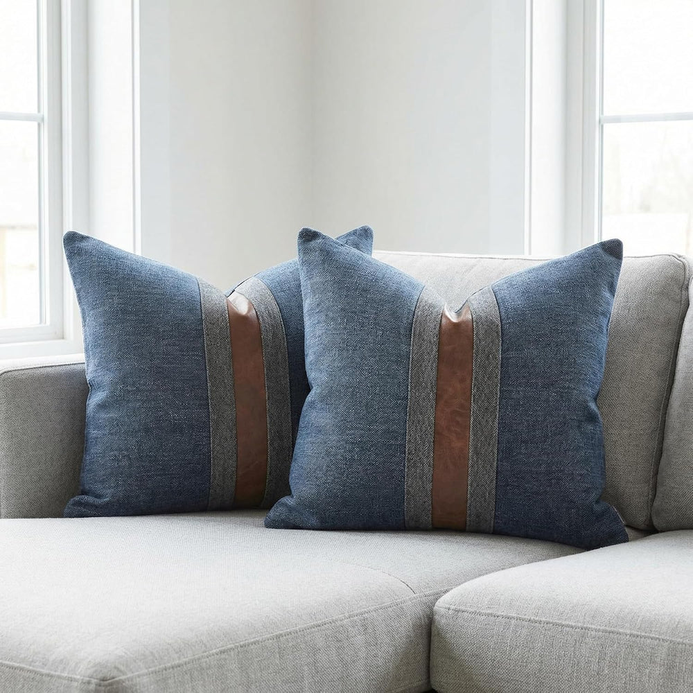 Set of 2 Leather Throw Pillow Covers Cotton Linen Decor Patchwork Pillow Cove...