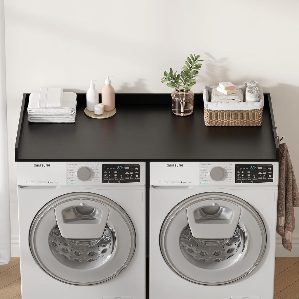 Washer Dryer Countertop, Wood Countertop with Edge Rails for Laundry Room Organization and Storage, Washer Dryer Topper for Laundry Room, 27.5" x 54" (Black)