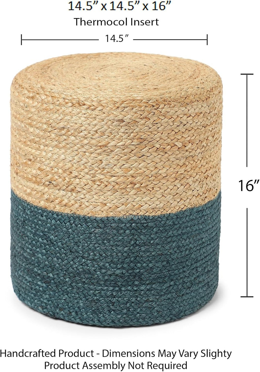 · REDEARTH · Jute Braided Pouf Ottoman - Cylinder Pouffe Foot Stool - Teal | Jute, 14.5"x14.5"x16"; Braided Accent Sitting, Doubles as Foot Rest; Great for Living Room, Patio, Outdoor, Bedroom