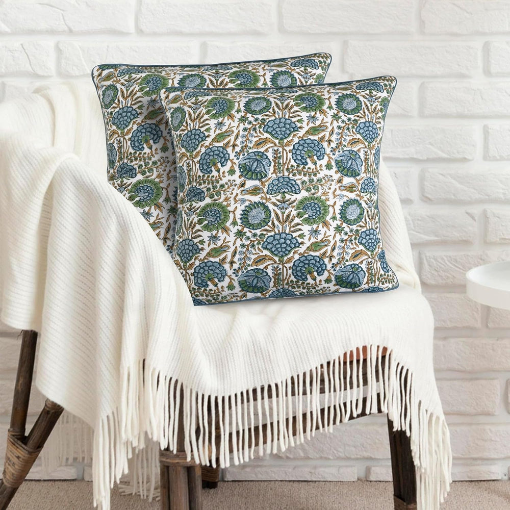 Ridhi Asparagus Green Block Print Cotton Pillow Cover 20x20 Inch Set of 2
