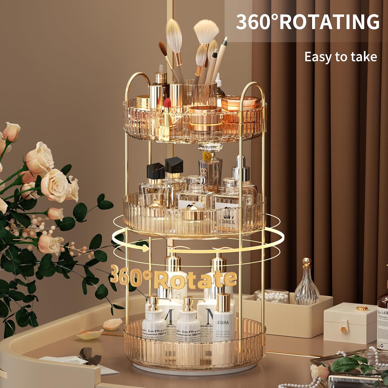 YCIA&DONE Rotating Makeup Organizer for Vanity, Large Capacity Make Up Storage Skin care Shelf Perfume Holders Cosmetic Dresser Organizer Countertop Spinning 360 (Amber Gold, 3Tiers)