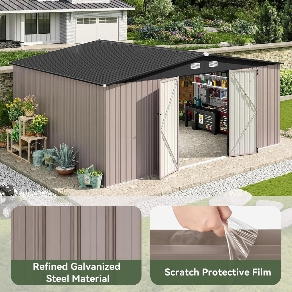 Aoxun 14x12 FT Large Shed Outdoor Storage Shed with 2 Large and Tall Doors, Utility Tool Shed Storage House with Lock, Metal Sheds with Sloped Roof for Patio Garden Lawn, Brown