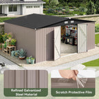 Aoxun 14x12 FT Large Shed Outdoor Storage Shed with 2 Large and Tall Doors, Utility Tool Shed Storage House with Lock, Metal Sheds with Sloped Roof for Patio Garden Lawn, Brown