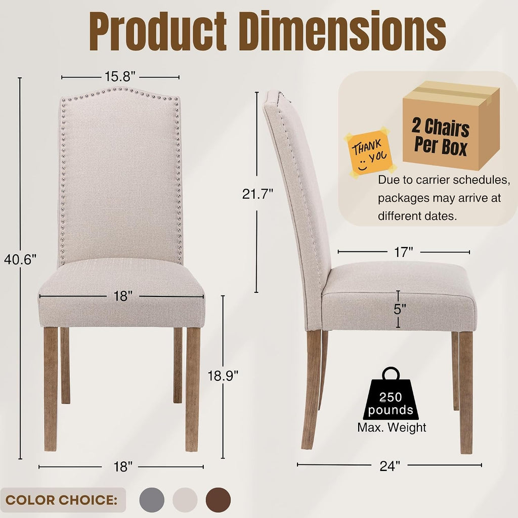Upholstered Dining Chair Modern Stylish Parsons Kitchen Diner High Back with Silver Nailhead Trim & Wood Legs, Set of 4, Fabric Beige