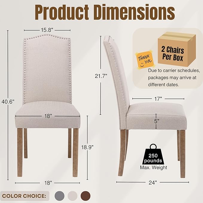 Upholstered Dining Chair Modern Stylish Parsons Kitchen Diner High Back with Silver Nailhead Trim & Wood Legs, Set of 4, Fabric Beige