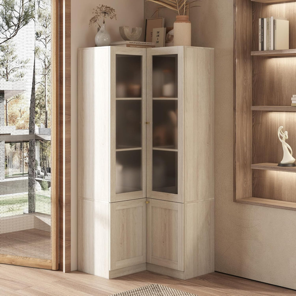 70.9" H L-Shaped Kitchen Pantry with Glass Doors, Modern Corner 4-Tiered...