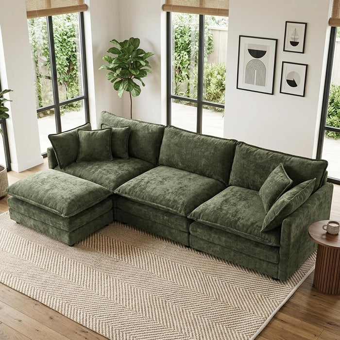 103.8" Chenille Modular Sofa with Ottoman, Cloud Couch with Pillow,Green