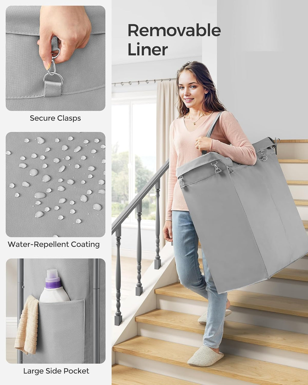 SONGMICS Laundry Basket with Wheels, Rolling Laundry Hamper, 23.8 Gallons (90 L), Removable Liner, Steel Frame with Handle, 24 x 11.4 x 31.9 Inches, Dove Gray URLS003G01