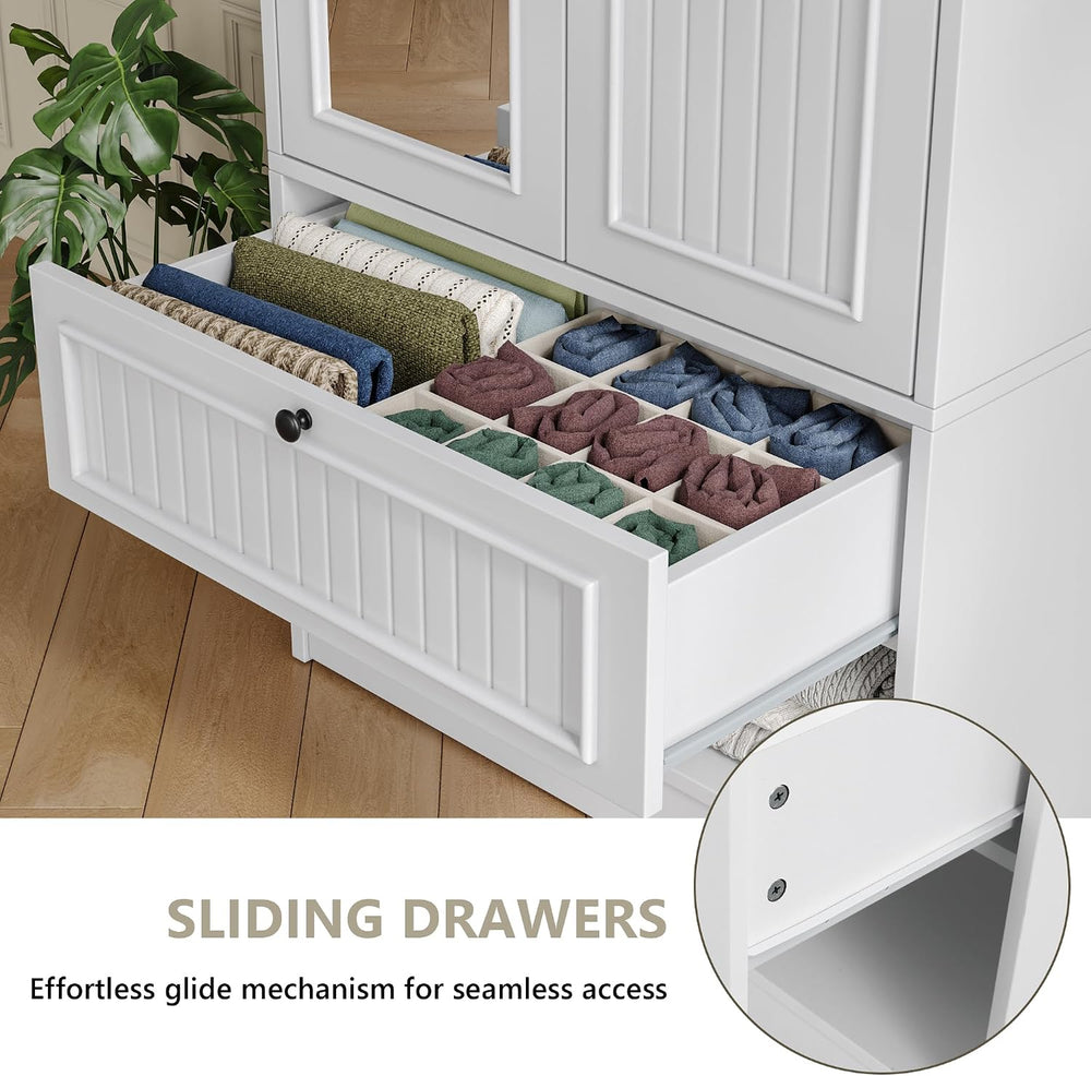 iPormis Wood Armoire Wardrobe Closet with Mirror Door and Drawer, 2 Doors Bed...