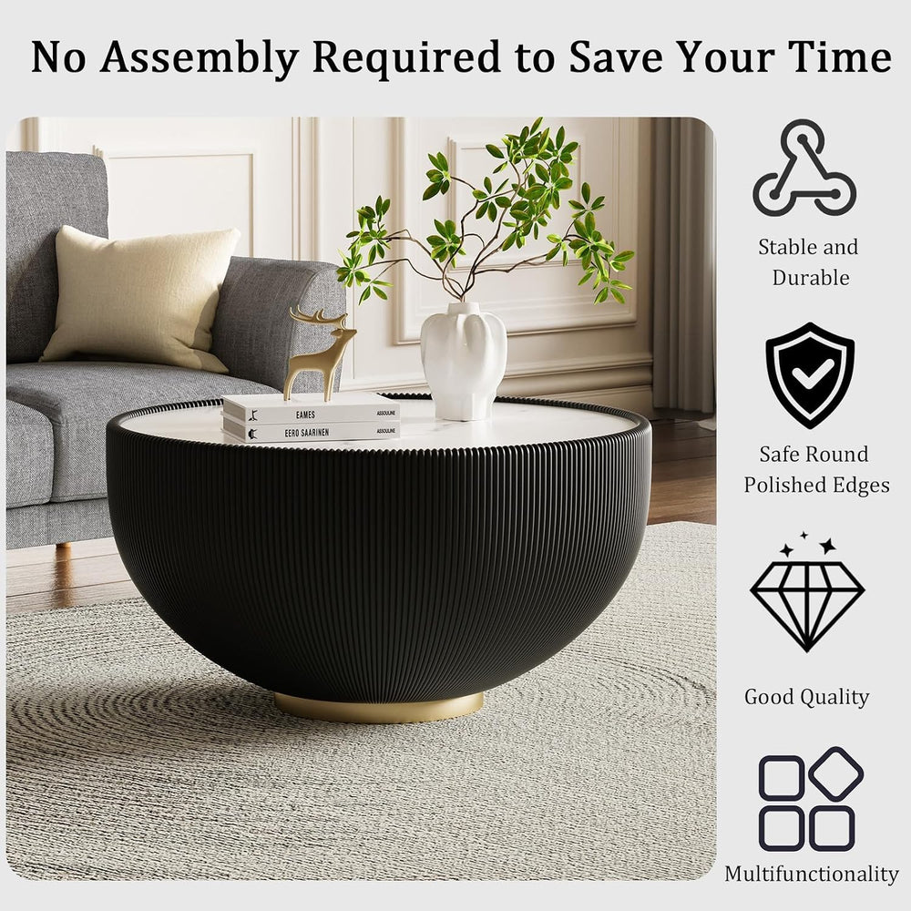 27.55" Black Round Coffee Table, Drum Coffee Table with Sintered Stone T...