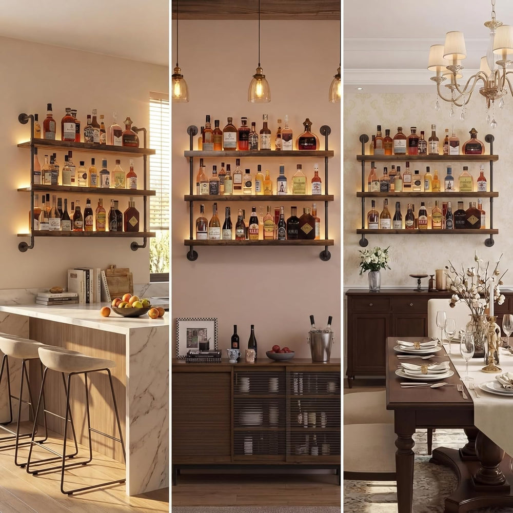 3-Tier Wall Mounted Wine Rack with LED Lights,39.4" | Liquor Bottles Flo...