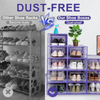 Kuject Shoe Organizers Storage Boxes for Closet, 12 Pack Clear Plastic Stackable Storage Bins with Lids, Under Bed Shoe Containers for Entryway, Drop Front, Fit up to Women's Size 10,Purple