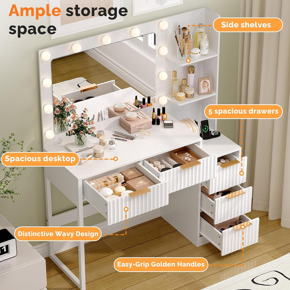 VINGLI Fluted Makeup Vanity Desk with Mirror & Lights & Power Outlet,...