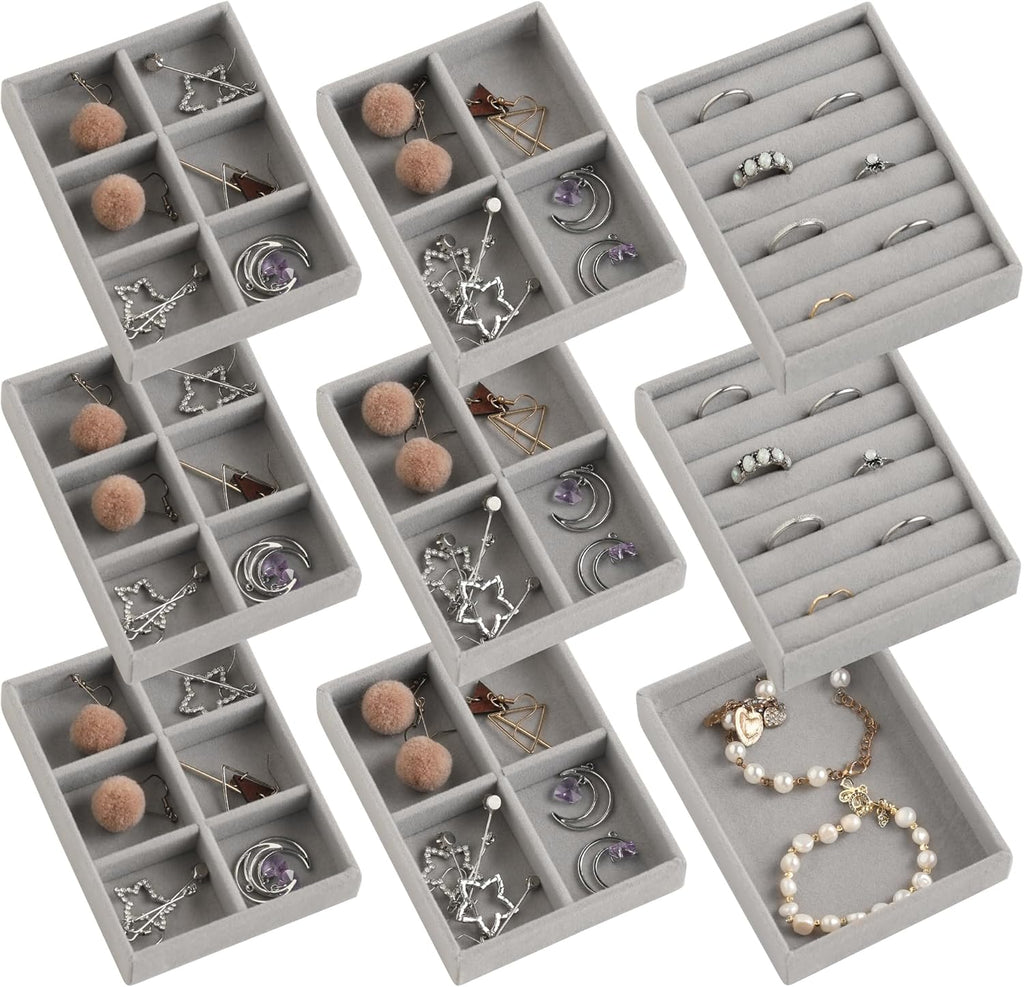 Frebeauty Small Jewelry Tray Set, Stackable Velvet Jewelry Organizer, Drawer Inserts, 4.92 x 3.74 x 0.9 Inches, Earring Organizer for Women (Set of 9, Grey)