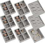 Frebeauty Small Jewelry Tray Set, Stackable Velvet Jewelry Organizer, Drawer Inserts, 4.92 x 3.74 x 0.9 Inches, Earring Organizer for Women (Set of 9, Grey)