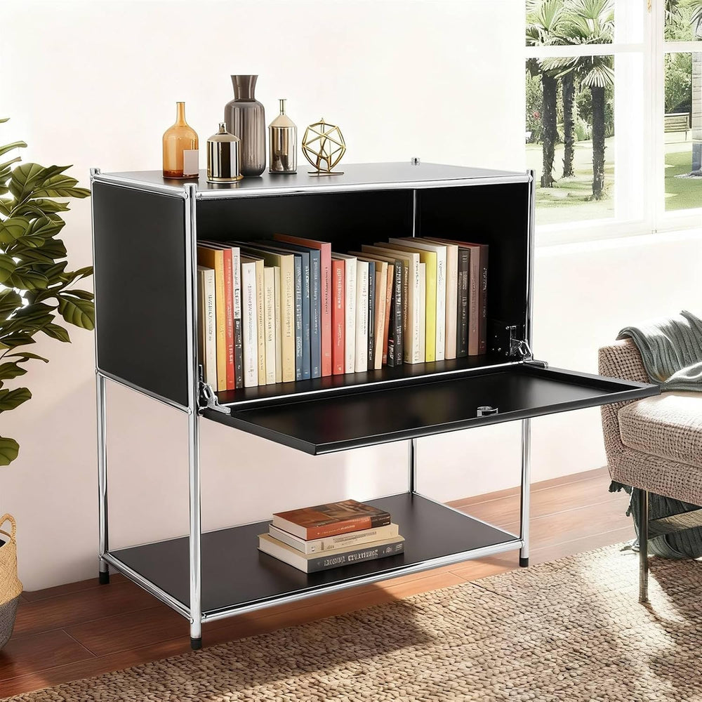 Modern Metal Side Table with Drop-Door & Open Shelf, 27.5" Height Si...