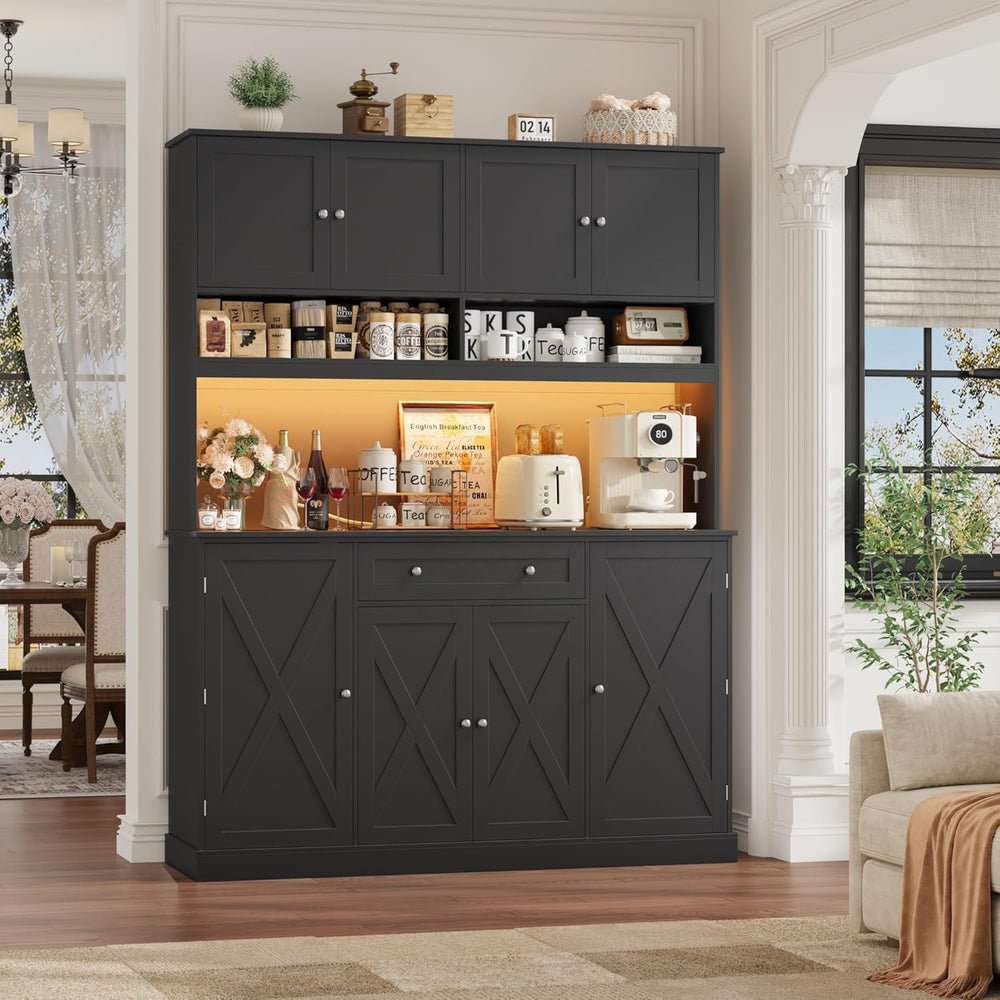 HIFIT 72.8” LED Kitchen Pantry Cabinet with Charging Station, 55” Wide Farmho...
