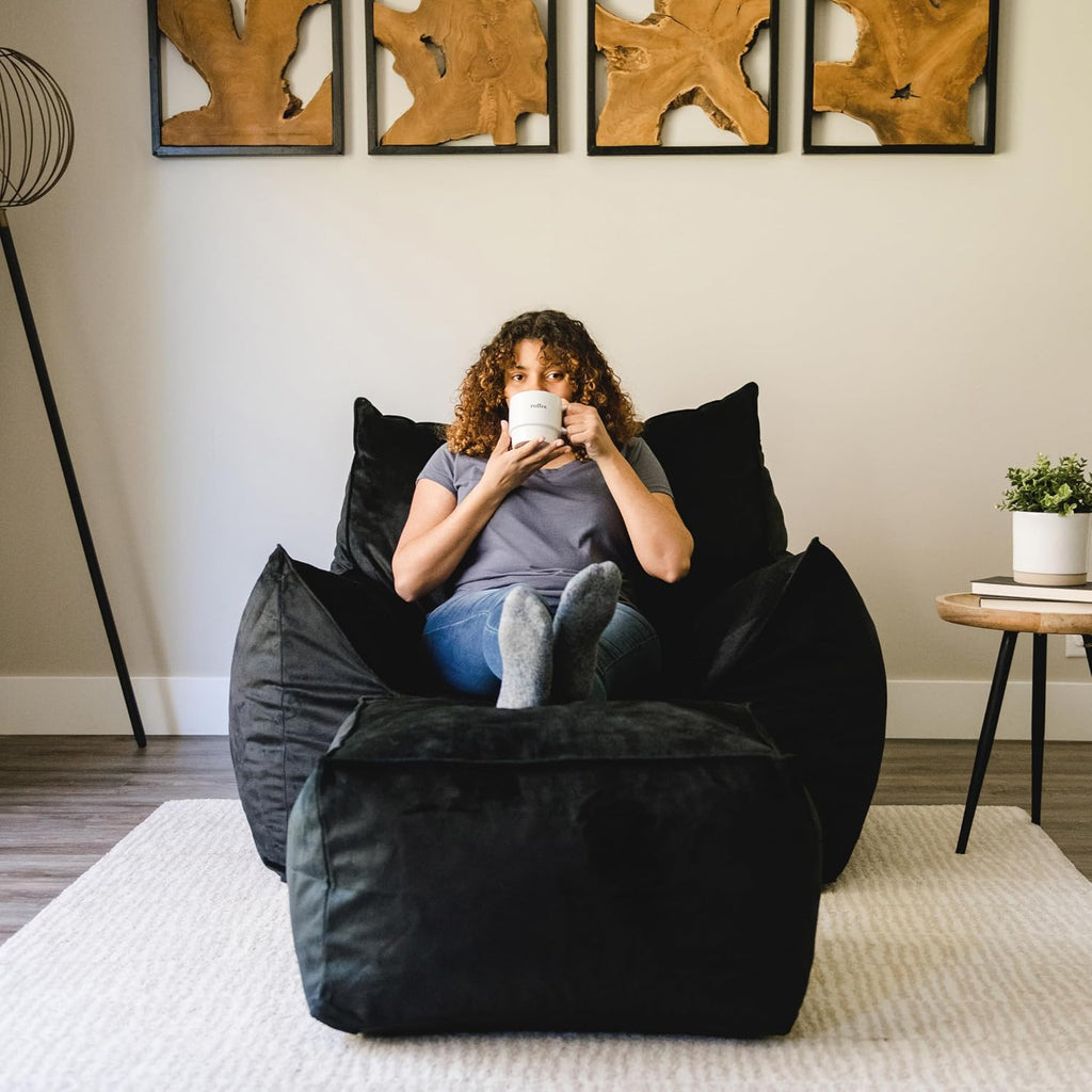 Big Joe Imperial Lounger Ottoman Foam Filled Bean Bag with Removable Cover, Black Plush, Soft Polyester, 2 feet