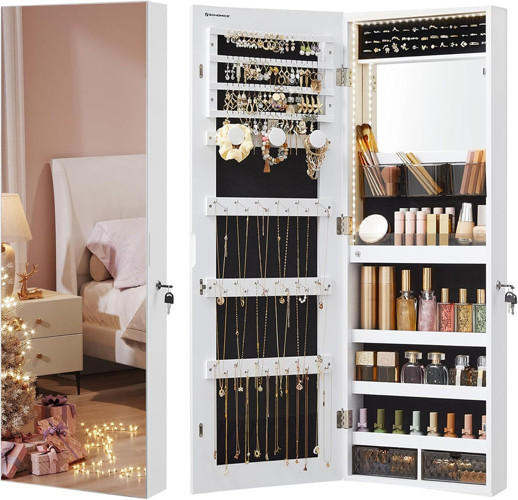 SONGMICS Mirror Jewelry Cabinet Armoire Organizer, Wall or Door Mount Storage Cabinet with Full-Length Frameless Lighted Mirror, Built-in Makeup Mirror, 2 Drawers, Lockable, Christmas Gift, White