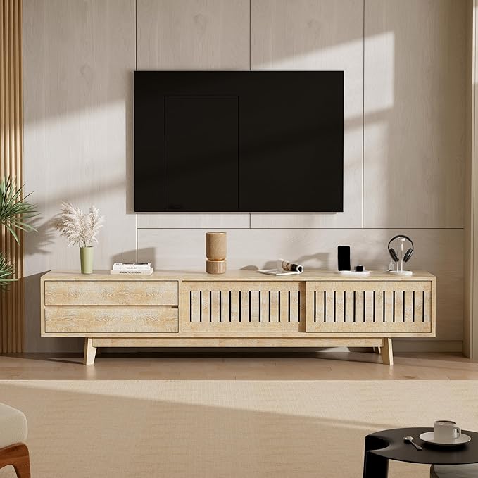 Mid Century Modern TV Stand for 85 Inch TVs, 78.7" Entertainment Center with Storage & Power Outlet, Media Console w/Drawers and Sliding Door, Television Stands for Living Room, Natural