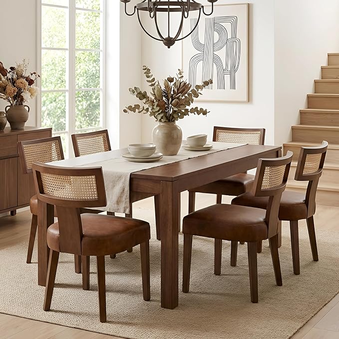 HNY Mid Century Modern Rattan Dining Chairs Set of 6, Farmhouse PU Leather Up...