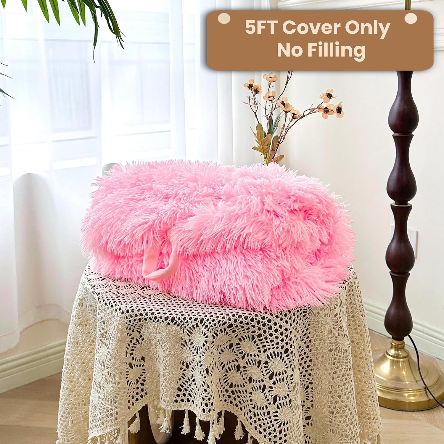 MEGO 5FT Fluffy Faux Fur Giant Bean Bag Chair Cover (No Filler), Soft Comfy Stuffed Animal Storage Cover for Adults Kids, Lazy Sofa Bed Beanbag Cover for Living Room Bedroom Decor, Anti-Slip, Pink