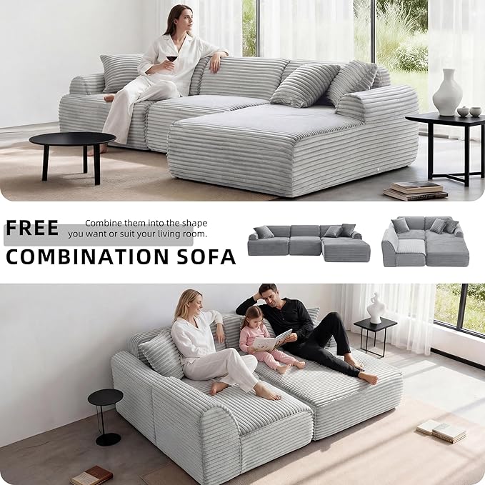 Modular Floor Sofa, Cozy Corduroy Sectional Couch with Fully Washable Covers, Frameless L Shaped Couch for Living Room, Family & Pet Friendly Lounge,No Assembly(Light Gray,Right Facing Chaise)