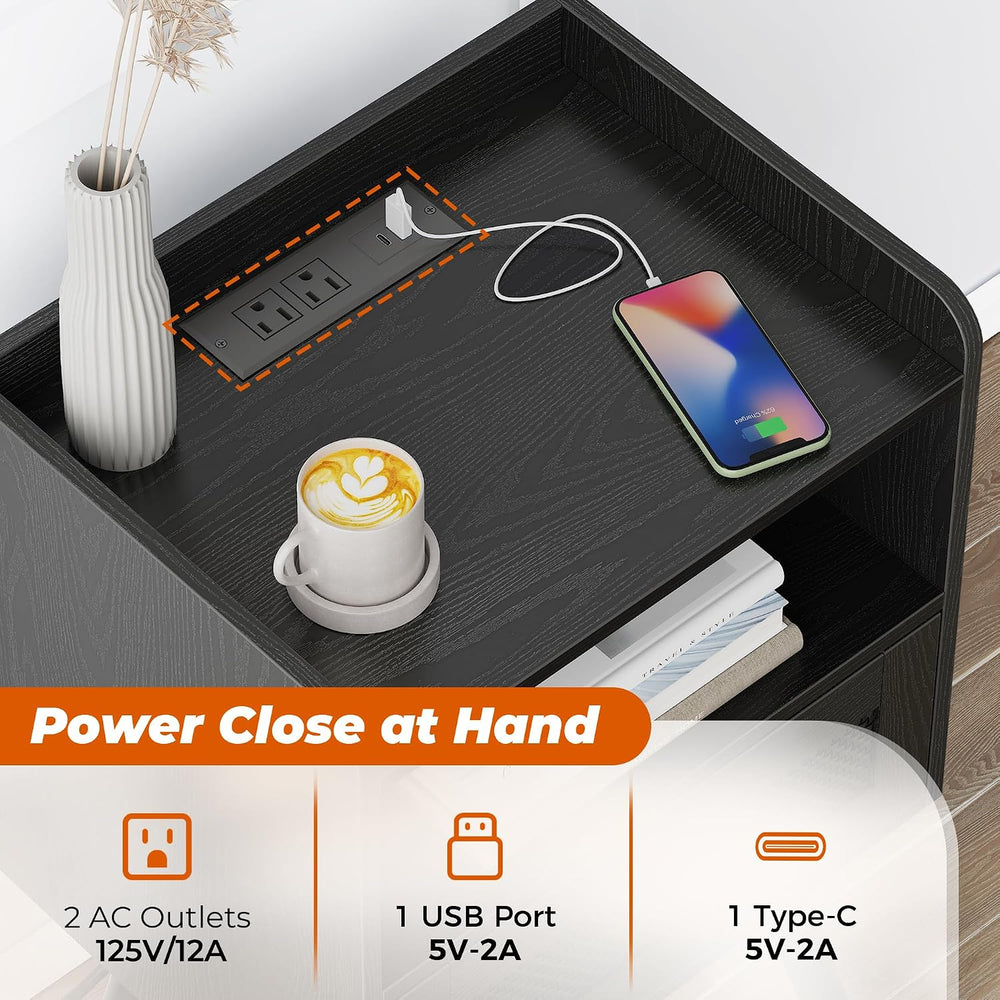 SUPERJARE Nightstands with Charging Station, Bedside Table Set of 2 with Texi...