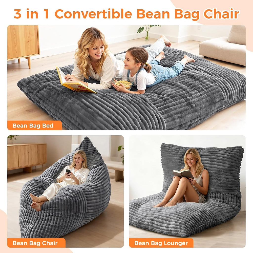 3 in 1 Giant Bean Bag Chair, Convertible Bean Bag Bed for Adults and Kids, Oversized Comfy Memory Foam Floor Sofa with Machine Washable Cover for Living Room, Bedroom & Dorm(Grey)