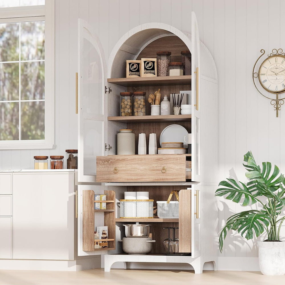 71" Tall Arched Freestanding Cupboard with 4 Doors & Door Shelves, F...