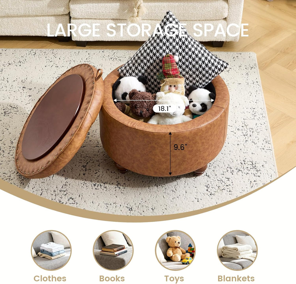 24Inch Round Storage Ottoman, Set of 2, Modern PU Leather Coffee Table with R...