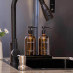 Glass Kitchen Soap Dispenser Set with Ceramic Tray,16.9 floz Hand and Dish Soap Dispenser for Kitchen and Bathroom Decor (Amber Bottles + Black Pumps)