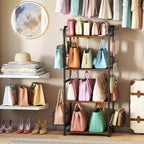 4-Tier Purse Organizer for Closet with 3 Side Hooks and 2 Baskets, High Capacity Purse Rack Stand for Purse Storage, Metal & Wood Handbag Holder for Handbag Organizer, Patent Pending