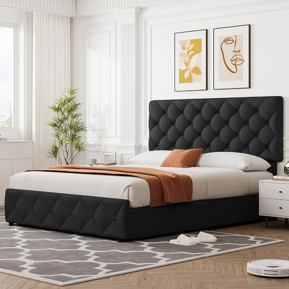 Queen Size Bed Frame with 4 Storage Drawers, Linen Upholstered Platform Bed F...
