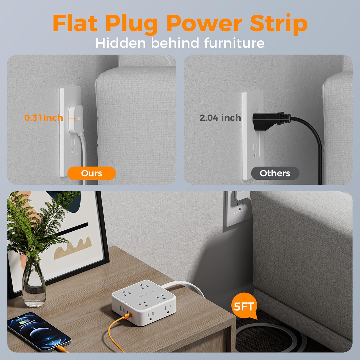 Surge Protector Power Strip, TESSAN 5 FT Extension Cord with Multiple Outlets Flat Plug, 4 USB (3 USB C) and 8 AC Outlets, 900J Protection, Wall Mount Charging Station for Home Office Supplies