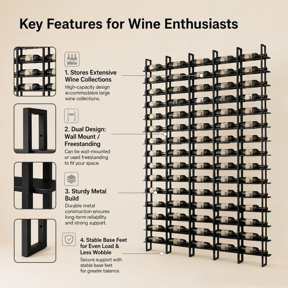 75-Bottle 5-Column Wall-Mounted Wine Rack, Black Metal Wine Bottle Holder wit...