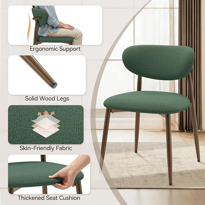 Dining Chairs Set of 6, Curved Back Kitchen Room Chairs with Metal Legs and Anti Slip Pads, Upholstered Dining Chair for Home and Restaurant, Green