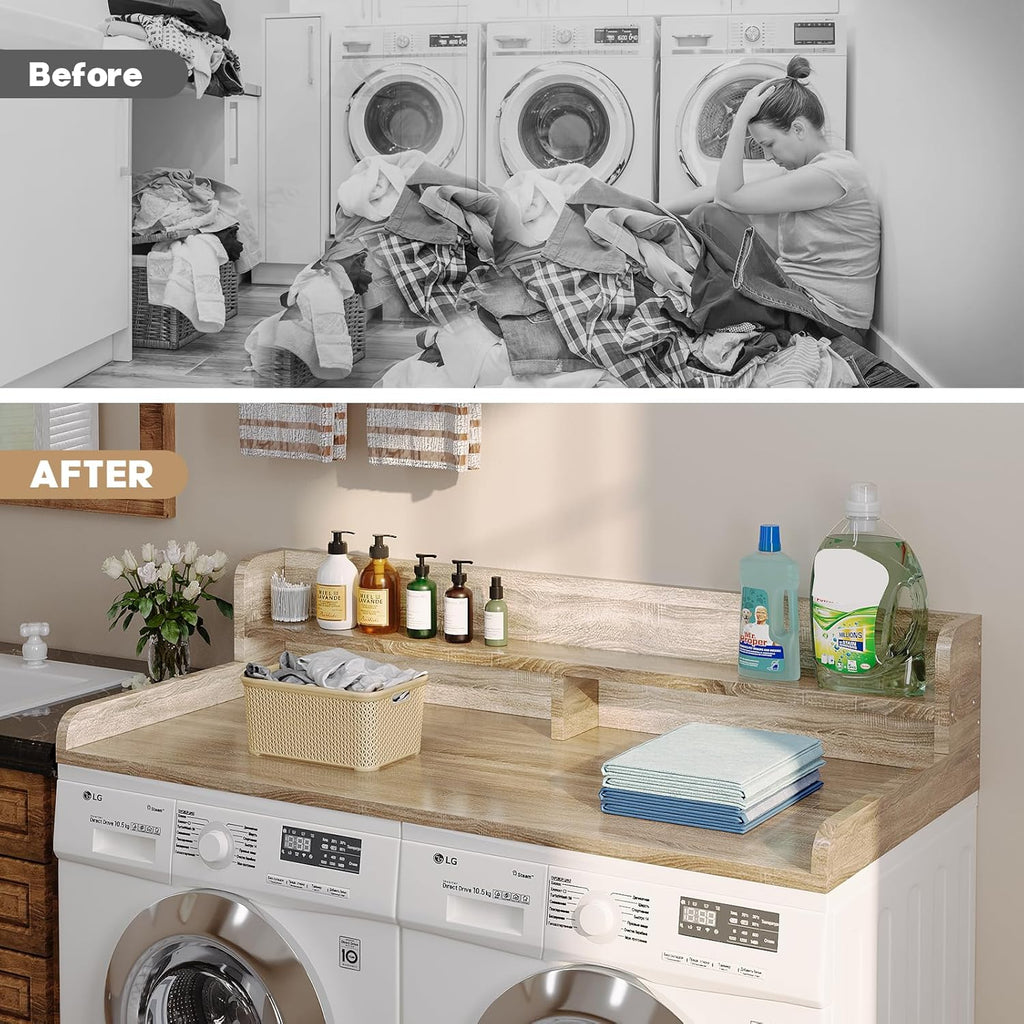 2-Tier Washer Dryer Countertop with 2.75" H Edge Rails, 58" W x 28" D Laundry Countertop for Folding Clothes, Washer and Dryer Topper with Non-Slip Pad (White Oak)