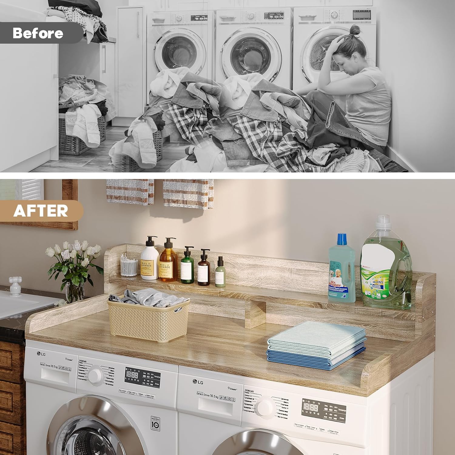 2-Tier Washer Dryer Countertop with 2.75" H Edge Rails, 58" W x 28" D Laundry Countertop for Folding Clothes, Washer and Dryer Topper with Non-Slip Pad (White Oak)