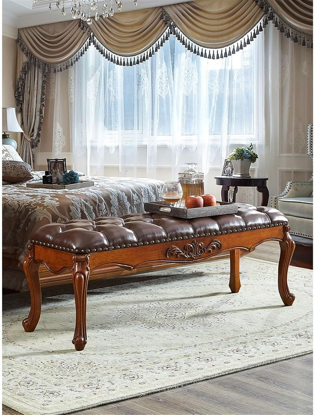 Modern 1.2m/1.5m Vintage European Bedside Stool Bedroom Carved Bench Wooden S...